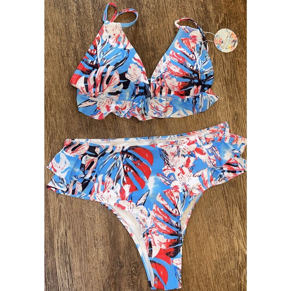 Binlowis Bikini Set Womens XL NWT Blue Floral Ruffle High Cut Swimwear Strappy